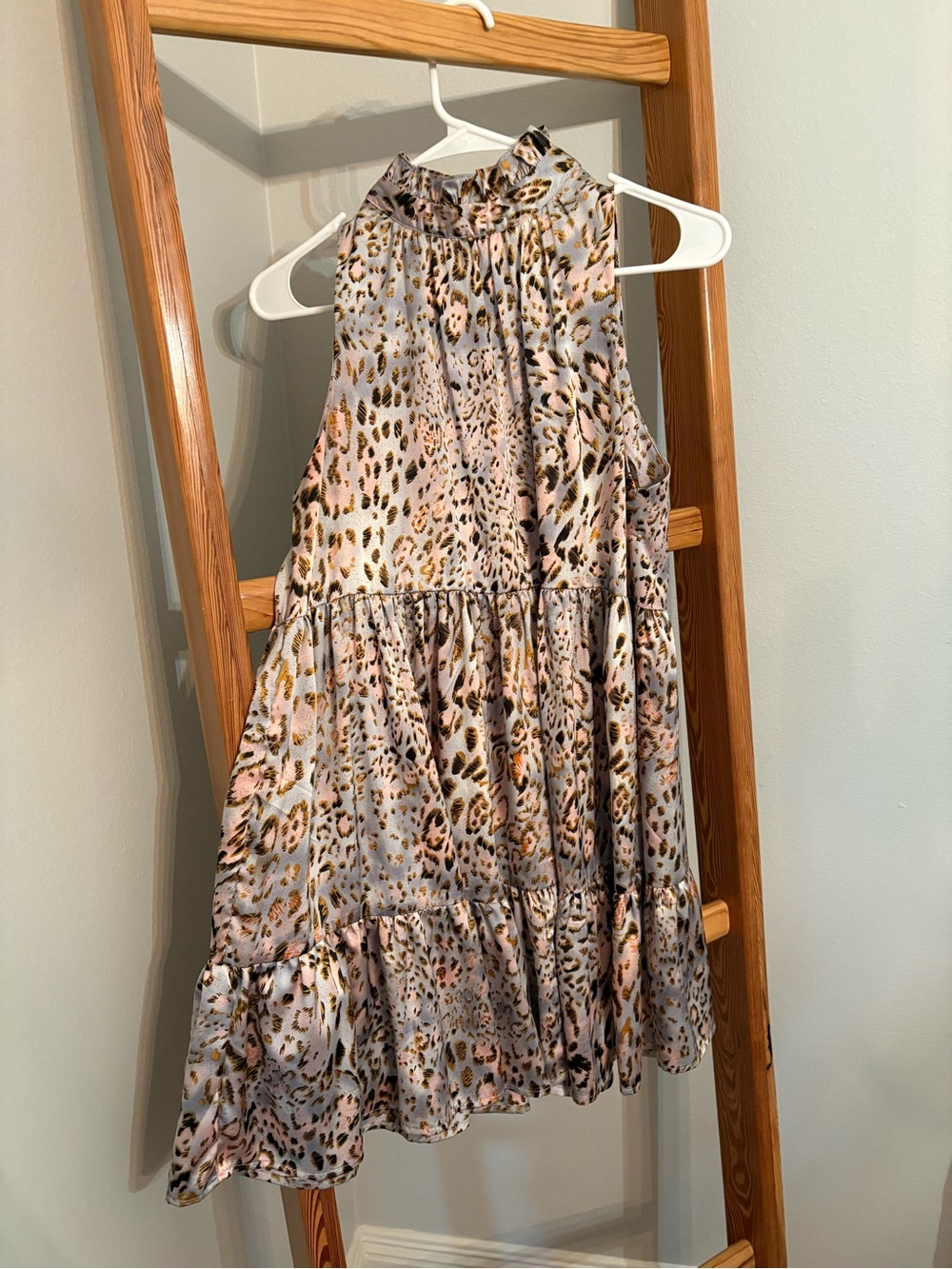 Women’s ' Leopard Print Tiered Halter Dress - Pink Gray